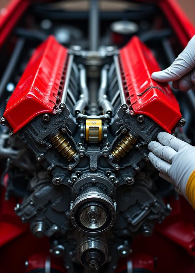 Dettaglio motore Ferrari durante la manutenzione ad alta precisione